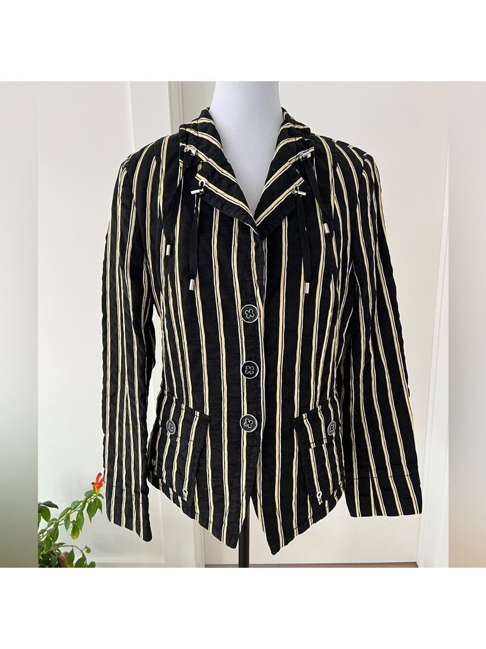 BASLER Striped Blazer Cotton Blend Drawstring Collar Detail Avante Garde Artsy